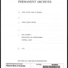 State Savings Bank of Tasmania - Hobart (Chief Office) - Lost Passbook - Declarations & Correspondence - Cantrell, Harry - 1912