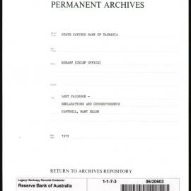 State Savings Bank of Tasmania - Hobart (Chief Office) - Lost Passbook - Declarations & Correspondence - Cantrell, Mary Ellen - 1912