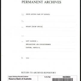State Savings Bank of Tasmania - Hobart (Chief Office) - Lost Passbook - Declarations & Correspondence - Cawthen, Bertie M. - 1912