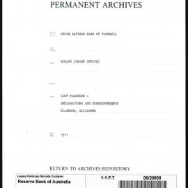 State Savings Bank of Tasmania - Hobart (Chief Office) - Lost Passbook - Declarations & Correspondence - Clarkson, Elizabeth - 1911