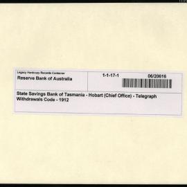 State Savings Bank of Tasmania - Hobart (Chief Office) - Telegraph Withdrawals Code - 1912