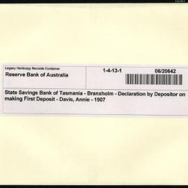 State Savings Bank of Tasmania - Branxholm - Declaration by Depositor on making First Deposit - Davis, Annie - 1907