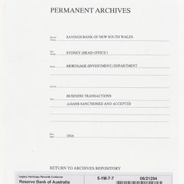 Savings Bank of New South Wales - Sydney (Head Office) - Mortgage (Investment) Department - Business Transactions - Loans Sanctioned and Accepted - 1914