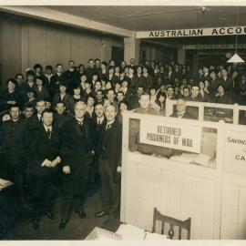 Visitors to Strand Branch, London - HM the Queen and Princess Mary - 21 February 1919: Staff assembled. Incudes Andrew Fisher, the Australian High Commissioner to the United Kingdom