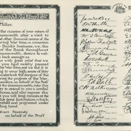 Staff - Facsimile of illuminated address given to Governor by Senior Officers of Bank on his return from abroad - 1918