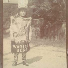 Loan advertising World War I - other forms: Lindsay Goulding, first prize winner in the War Loan Bonds Competition, Red Cross Fundraising Fete,  fancy dress costume, Northwood, NSW,  1918