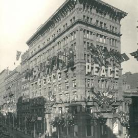 Commonwealth Bank - Head Office cnr Pitt Street & Martin Place - Peace Celebrations July 1919 - Head Office decorations view from Martin Place - 21 July 1919 (plate 302)