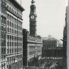 Commonwealth Bank - Head Office - Construction, opening of new premises: View of Martin Place looking to George Street - 22 August 1916 (plate 365)