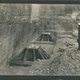 Commonwealth Bank - Head Office cnr Pitt Street & Martin Place - Construction of new premises showing the foundations for columns - 7 July 1914 (plate 418)