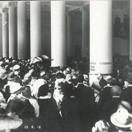 Commonwealth Bank - Head Office cnr Pitt Street & Martin Place - Opening of new premises - Prime Minister Hughes addresses the public - 22 August 1916 (plate 647)