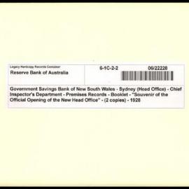Government Savings Bank of New South Wales - Sydney (Head Office) - Chief Inspector's Department - Premises Records - Booklet - "Souvenir of the Official Opening of the New Head Office" - (2 copies) - 1928