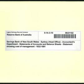 Savings Bank of New South Wales - Sydney (Head Office) - Accountant's Department - Statements of Accounts and Balance Sheets - Statement showing cost of management - 1832-1881