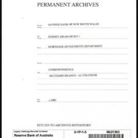 Savings Bank of New South Wales - Sydney (Head Office) - Premises - Correspondence - Southern Branch - Alterations - c.1885