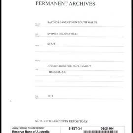 Savings Bank of New South Wales - Sydney (Head Office) - Staff - Applications for Employment - Bremer, A.J. - 1913