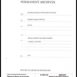 Savings Bank of New South Wales - Sydney (Head Office) - Staff - Applications for Employment - Olsson, Reuben - 1913