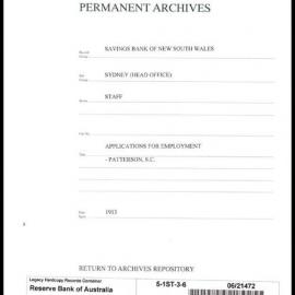 Savings Bank of New South Wales - Sydney (Head Office) - Staff - Applications for Employment - Patterson, S.C. - 1913