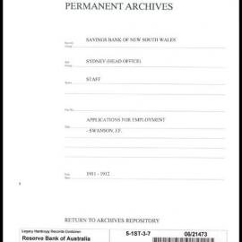 Savings Bank of New South Wales - Sydney (Head Office) - Staff - Applications for Employment - Swanson, J.F. - 1911-1912