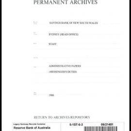 Savings Bank of New South Wales - Sydney (Head Office) - Staff - Administrative Papers - Messenger's Duties - 1906
