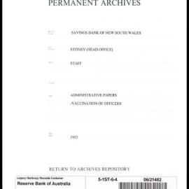 Savings Bank of New South Wales - Sydney (Head Office) - Staff - Administrative Papers - Vaccination of Officers - 1913
