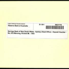 Savings Bank of New South Wales - Sydney (Head Office) - Deposit Voucher - No. 818 Manning, Richard M. - 1843