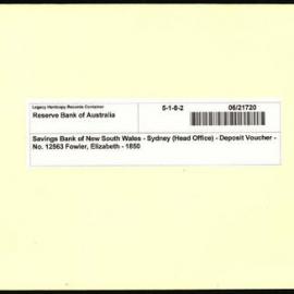 Savings Bank of New South Wales - Sydney (Head Office) - Deposit Voucher - No. 12563 Fowler, Elizabeth - 1850
