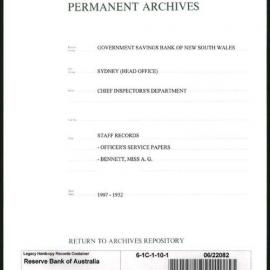 Government Savings Bank of New South Wales - Sydney (Head Office) - Chief Inspector's Department - Staff Records - Officer's Service Papers - Bennet, Miss A.G. - 1907 - 1932