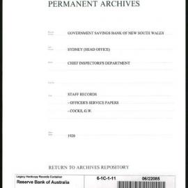 Government Savings Bank of New South Wales - Sydney (Head Office) - Chief Inspector's Department - Staff Records - Officer's Service Papers - Cocks, G.W. - 1920