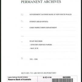 Government Savings Bank of New South Wales - Sydney (Head Office) - Chief Inspector's Department - Staff Records - Officer's Service Papers - May, R.W. - 1931-1938