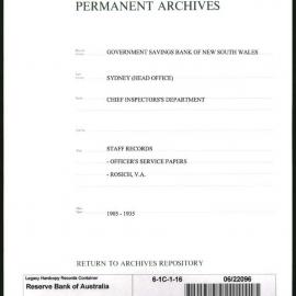 Government Savings Bank of New South Wales - Sydney (Head Office) - Chief Inspector's Department - Staff Records - Officer's Service Papers - Rosich, V.A. - 1905 - 1935