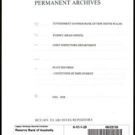 Government Savings Bank of New South Wales - Sydney (Head Office) - Chief Inspector's Department - Staff Records - Conditions of Employment - 1924 - 1930