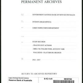 Government Savings Bank of New South Wales - Sydney (Head Office) - Chief Inspector's Department - Staff Records - Fraudulent Actions - Mrs. F.M. Walsh-Torr , Account 1668. Wallsend - Plattsburg Branch - 1915-1917