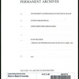 Government Savings Bank of New South Wales - Sydney (Head Office) - Chief Inspector's Department - Staff Records - Irregular Withdrawals by Staff on 22 April 1931 - 1931