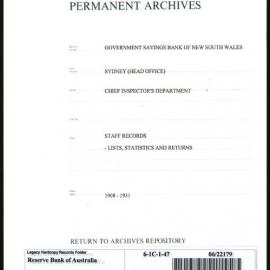 Government Savings Bank of New South Wales - Sydney (Head Office) - Chief Inspector's Department - Staff Records - Lists, Statistics and Returns - relating to, positions, numbers employed, salary payments, penalised officers, etc. - 1908-1931