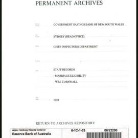 Government Savings Bank of New South Wales - Sydney (Head Office) - Chief Inspector's Department - Staff Records - Marriage Eligibility - W.M. Cornwall - 1920