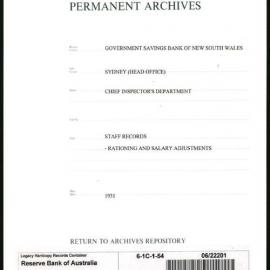 Government Savings Bank of New South Wales - Sydney (Head Office) - Chief Inspector's Department - Staff Records - Rationing and Salary Adjustments - 1931
