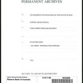 Government Savings Bank of New South Wales - Sydney (Head Office) - Chief Inspector's Department - Staff Records - Salaries - Information Supplied - to Manager State Savings Bank of W.A. - 1912