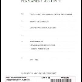 Government Savings Bank of New South Wales - Sydney (Head Office) - Chief Inspector's Department - Staff Records - Temporary Staff Employed During World War I - 1919-1921