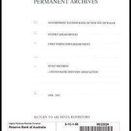 Government Savings Bank of New South Wales - Sydney (Head Office) - Chief Inspector's Department - Staff Records - United Bank Officers' Association - 1926-1931