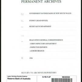 Government Savings Bank of New South Wales - Sydney (Head Office) - Secretary's Department - Head Office General Correspondence - Chief Inspector's Department - Inspection Reports - Auburn Branch - 1926