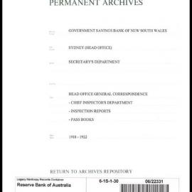 Government Savings Bank of New South Wales - Sydney (Head Office) - Secretary's Department - Head Office General Correspondence - Chief Inspector's Department - Inspection Reports - Pass Books - 1918-1922