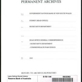 Government Savings Bank of New South Wales - Sydney (Head Office) - Secretary's Department - Head Office General Correspondence - Secretary's Department - Commonwealth War Census - 1915