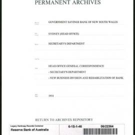 Government Savings Bank of New South Wales - Sydney (Head Office) - Secretary's Department - Head Office General Correspondence - Secretary's Department - New Business Division and Rehabilitation of Bank - 1931