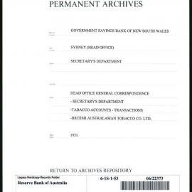 Government Savings Bank of New South Wales - Sydney (Head Office) - Secretary's Department - Head Office General Correspondence - Secretary's Department - Tobacco Accounts - Transactions - British Australasian Tobacco Co. Ltd - 1931