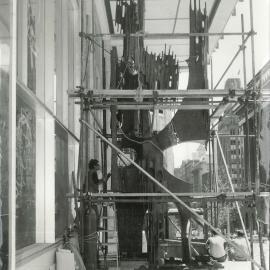 Head Office, 65 Martin Place - Construction - Margel Hinder working on sculpture in front of Building - 27 October 1964