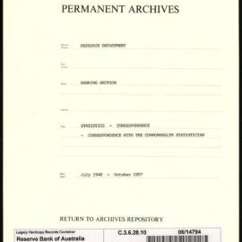 Research Department - Banking Section - Statistics - Correspondence - Correspondence with Commonwealth Statistician - July 1948 - October 1957