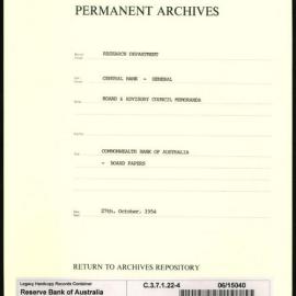Research Department - Central Bank - General - Board & Advisory Council Memoranda - Commonwealth Bank of Australia - Board Papers - File 4 - 27 October 1954