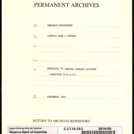 Research Department - Central Bank - General - Memoranda to Central Banking Advisory Committee (CBAC) - File 3 - September 1960