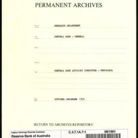 Research Department - Central Bank - General - Memoranda to Central Banking Advisory Committee (CBAC) - File 1 - October - December 1959