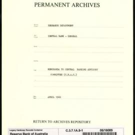 Research Department - Central Bank - General - Memoranda to Central Banking Advisory Committee (CBAC) - File 1 - Nos. 1-19 - April 1960