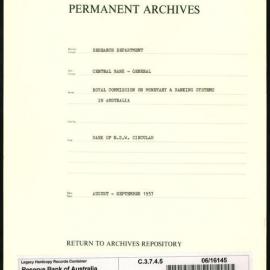 Research Department - Central Bank - General - Royal Commission on Monetary & Banking Systems in Australia - Bank of NSW Circular - Aug - Sep 1937